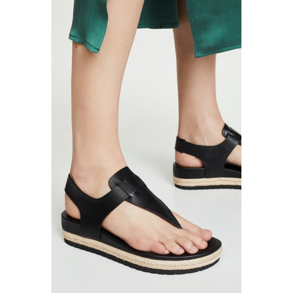 NWOB Vince Flint Black Leather Espadrille Thong Platform Sandals Size 7.5